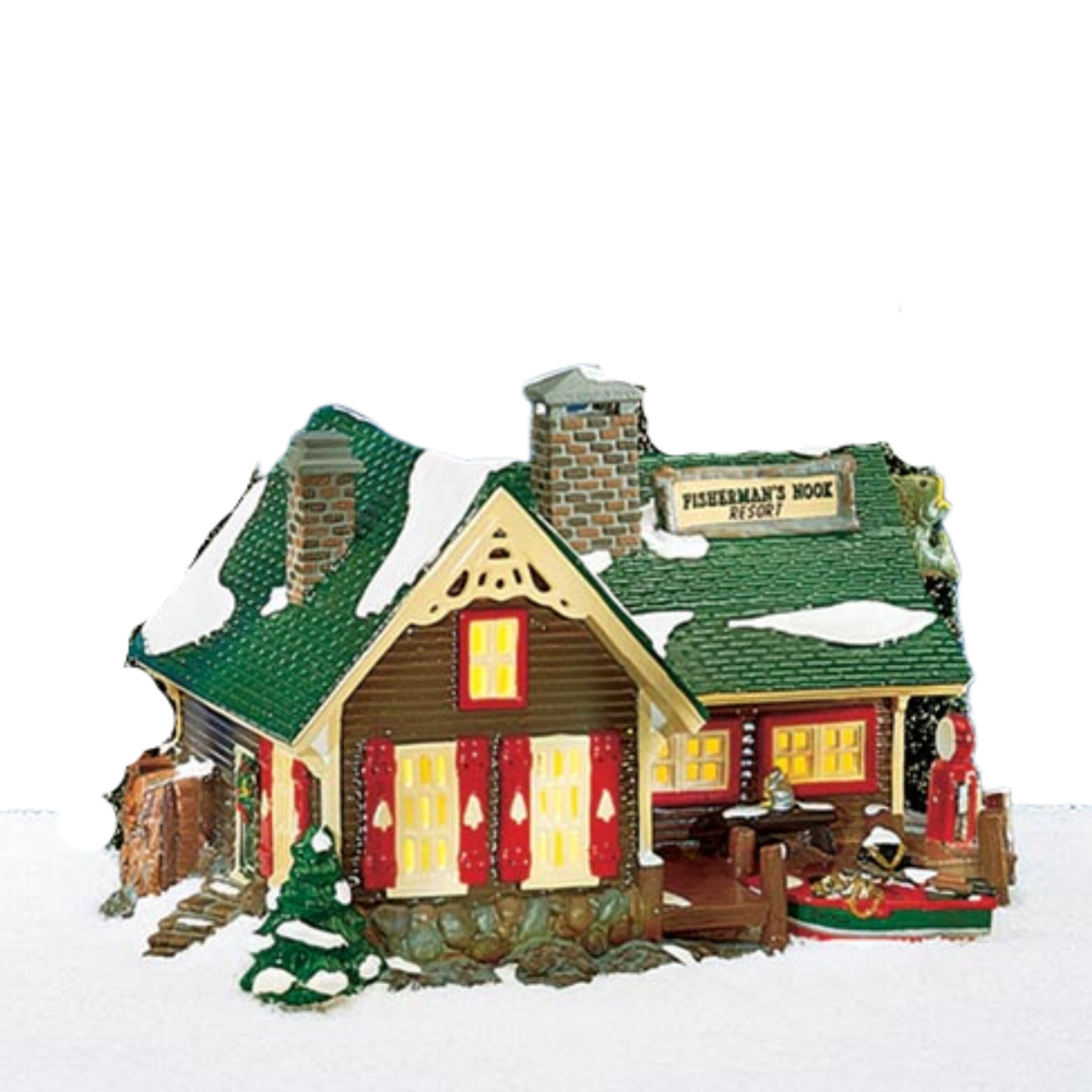 Model of a log cabin with snow on the roof, lit up inside, on a white background