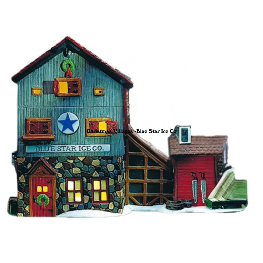 Decorative model of a building with 'Blue Star Ice Co.' sign on a white background