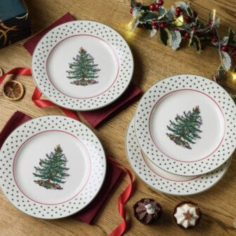Spode Christmas Tree Polka Dot Dessert Plate Set of 4