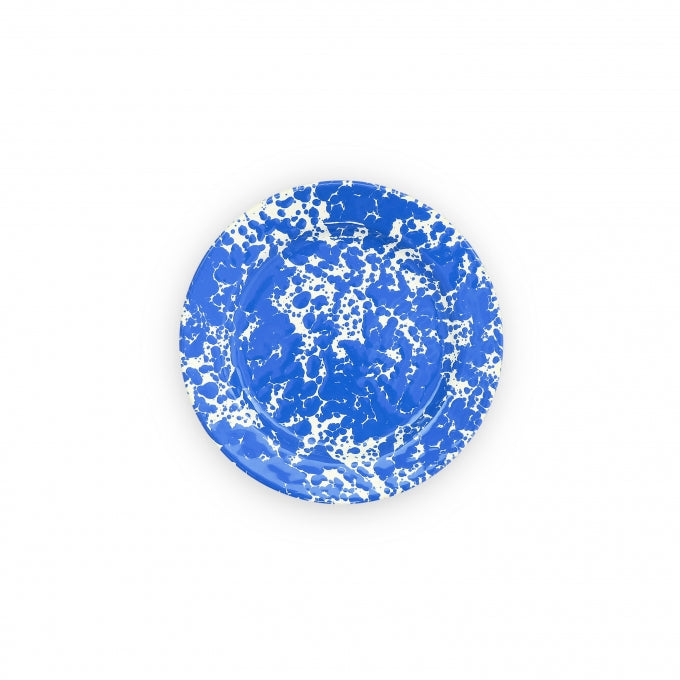 A blue enamel salad plate with a white speckled pattern.