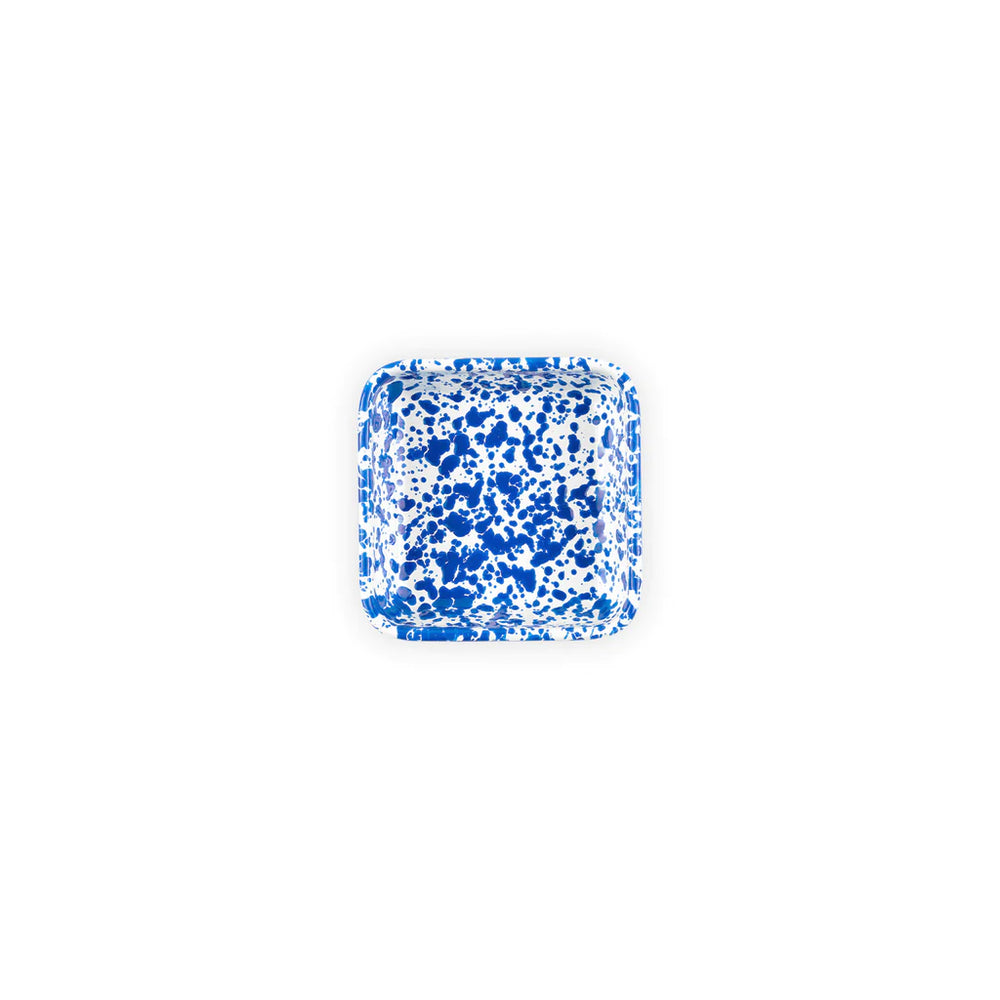 A small square blue enamel tray with a speckled pattern.