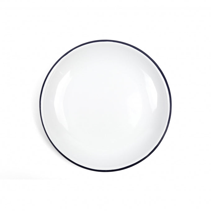 A 10 inch black rimmed enamel dinner plate with a slightly sloped edge, isolated on a white background.