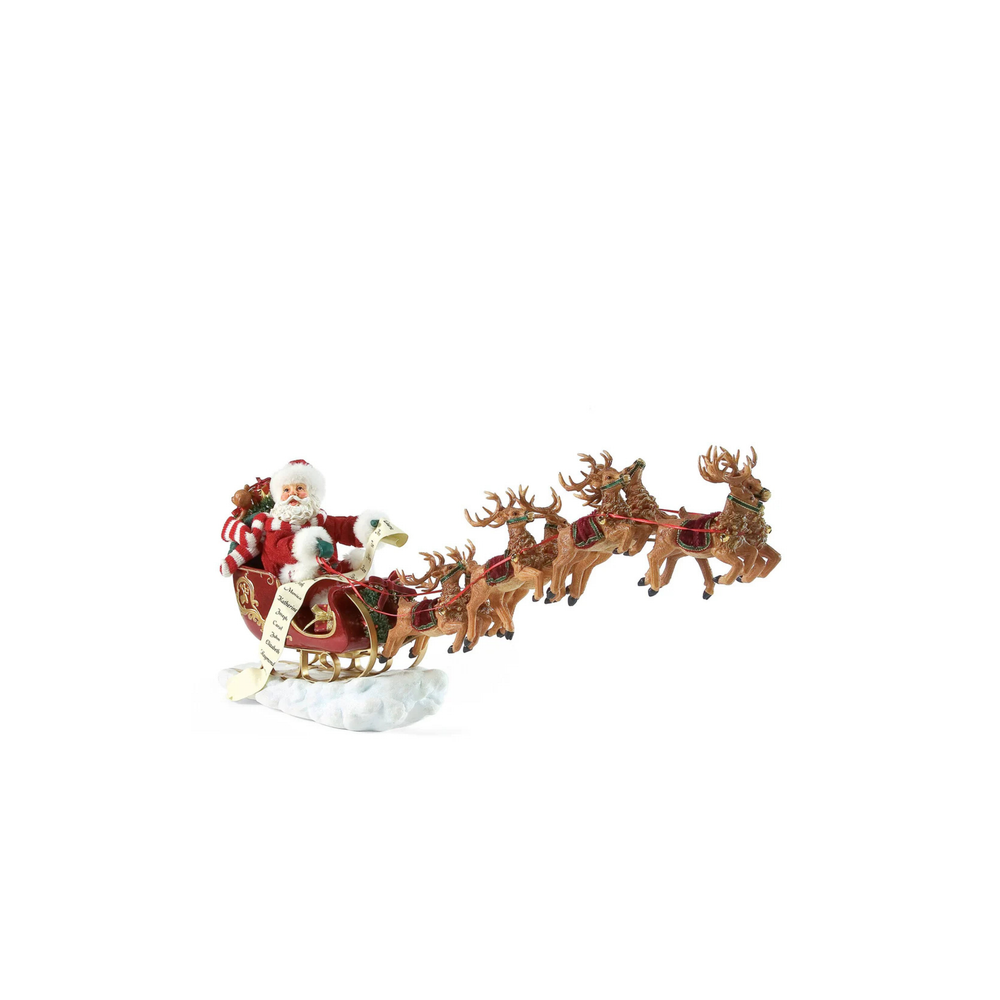 Santa in a sleigh with 8 eight deer flying at the front, on a white background.