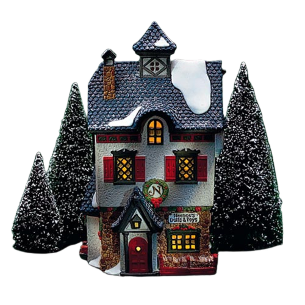 Decorative Christmas house with trees on a white background