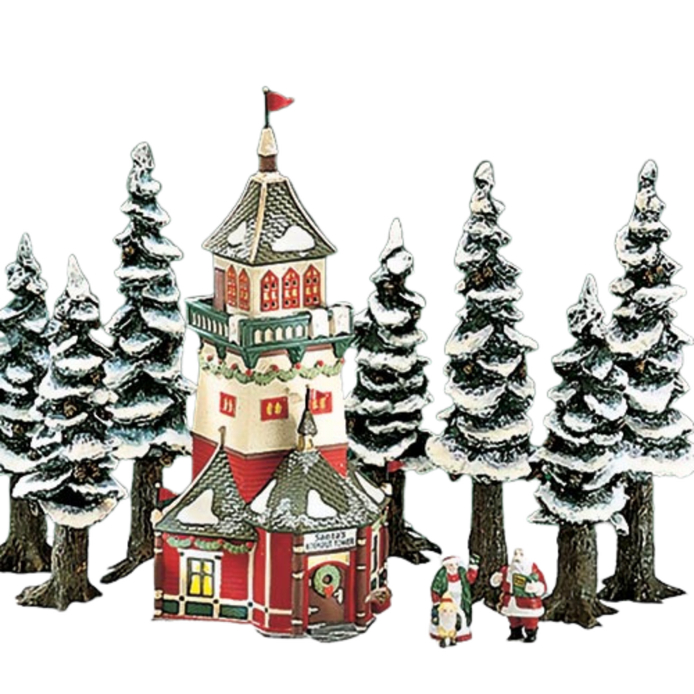 A decorative model of a building against a white background and with trees.