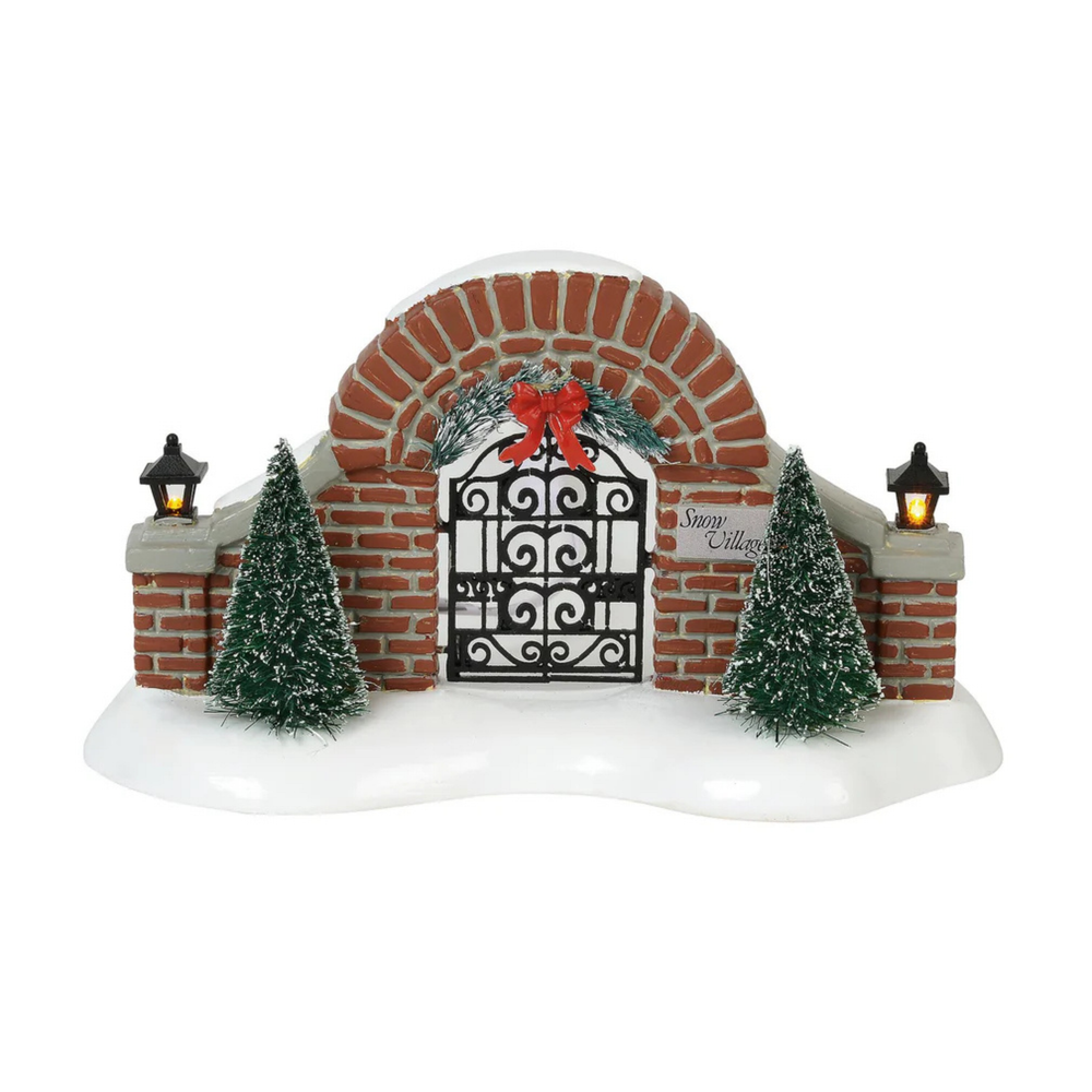 Decorative Christmas scene with a brick arch, gate, and trees on a white background