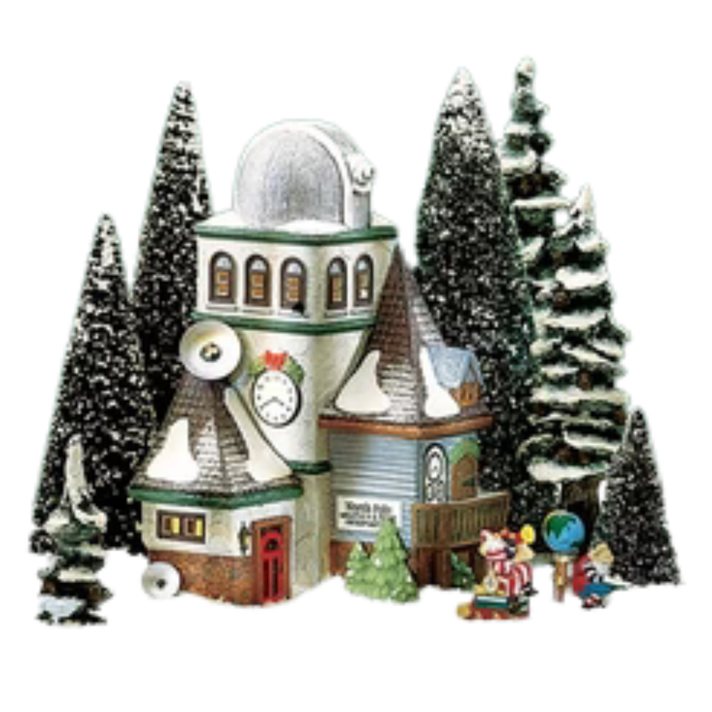 A decorative building against a white background and trees.