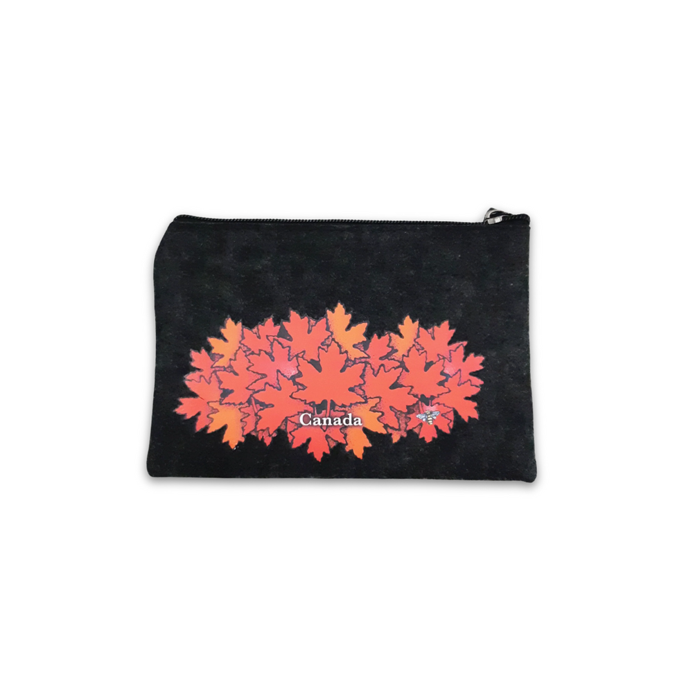 Black pouch with red maple leaf design and 'Canada' text on a white background