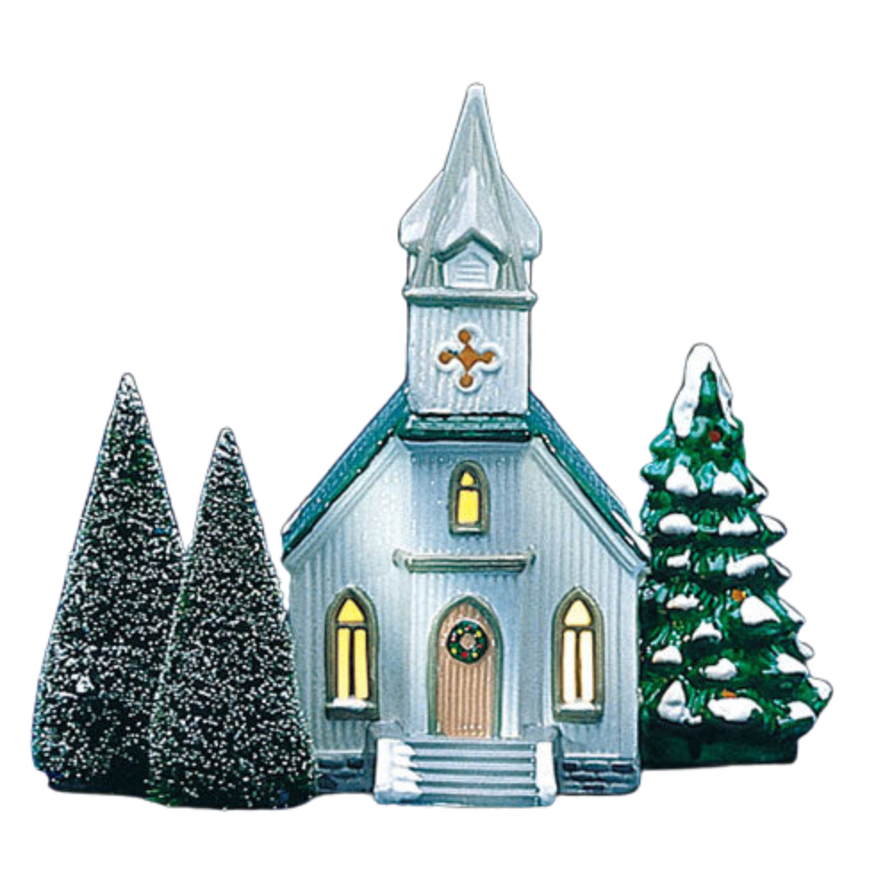 Decorative model of a church with trees on a white background