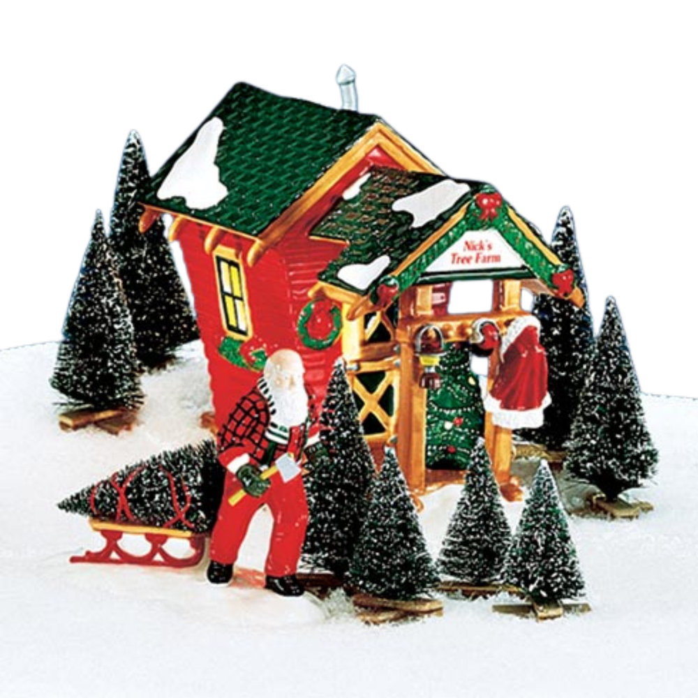 A red building with a white background. Santa Claus is at the front of the building pulling a Christmas Tree on a sled, with trees surrounding the front of the building.