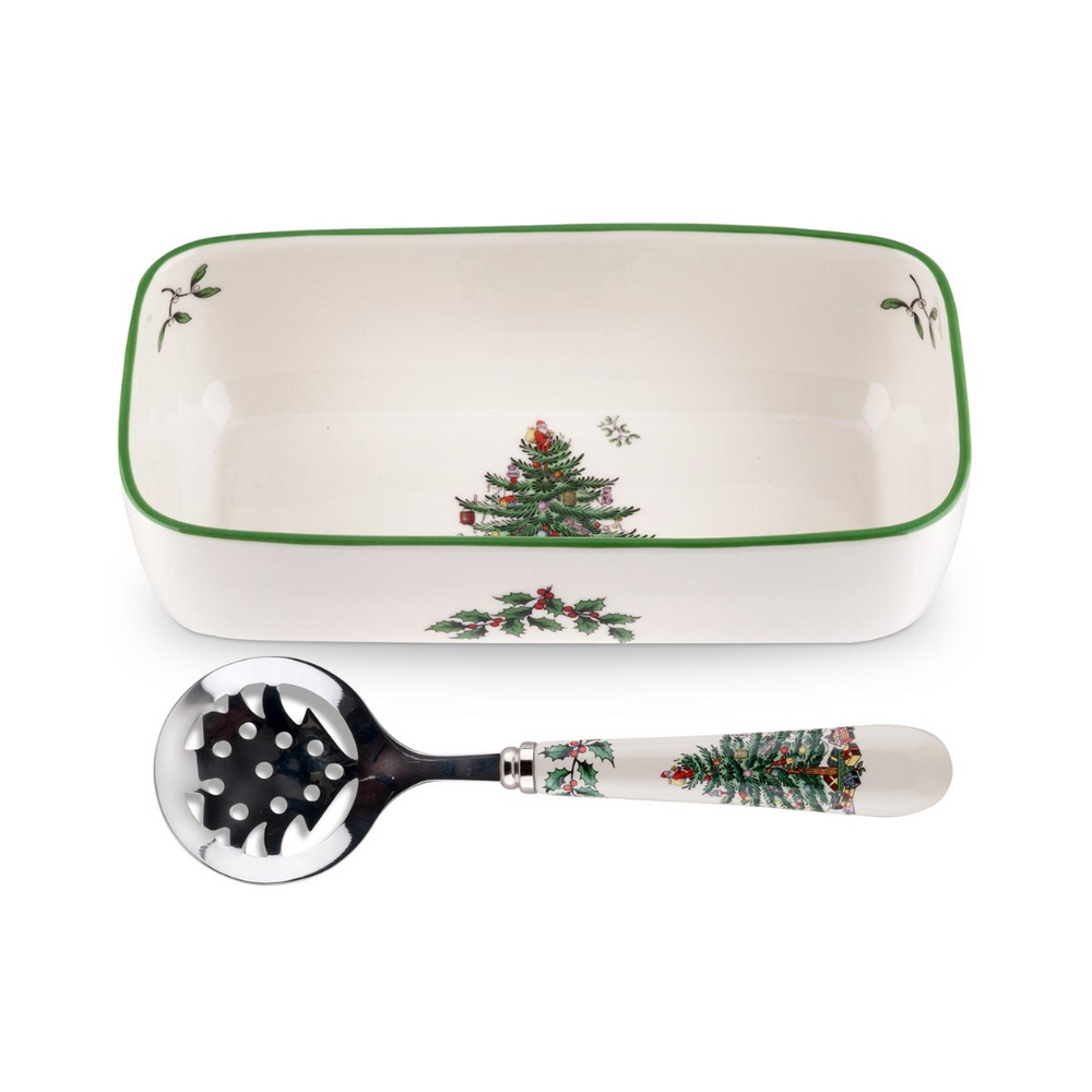 Spode Christmas Tree Cranberry Server & Slotted Spoon