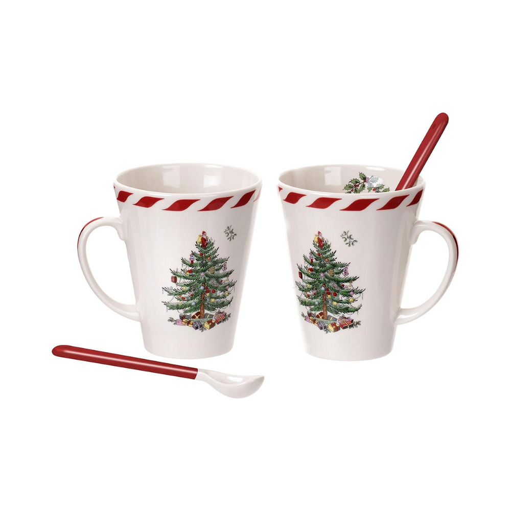 Spode Christmas Tree Mugs with 2 Spoons -Peppermint