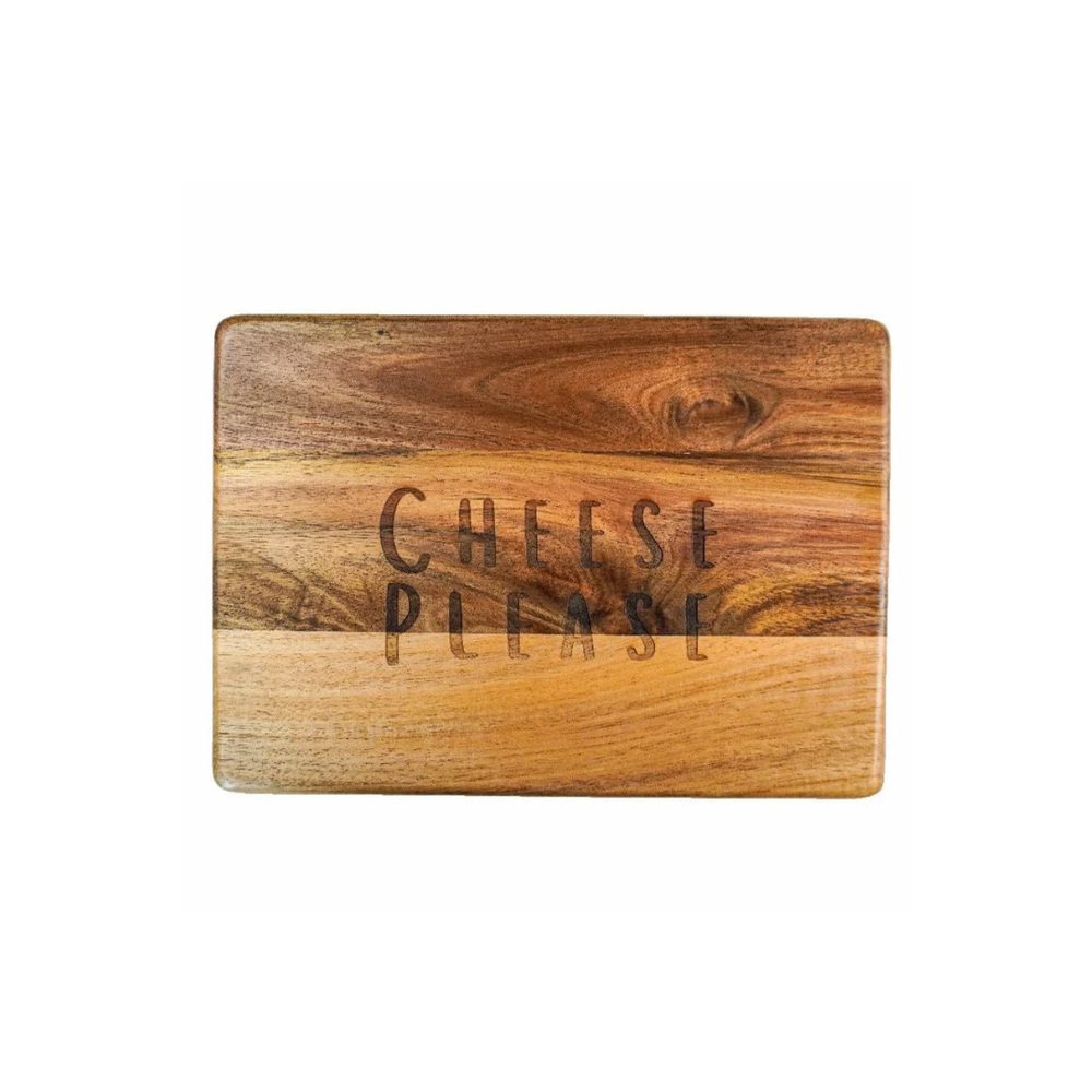 Engraved "Cheese Please" in bold font on a hardwood cheese board