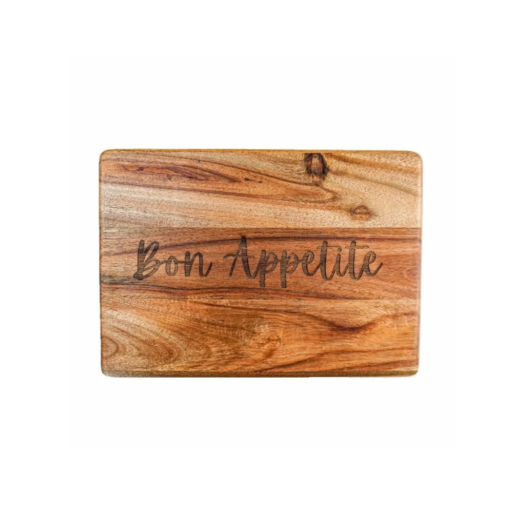 Engraved "Bon Appetite" in script font on a hardwood cheese board
