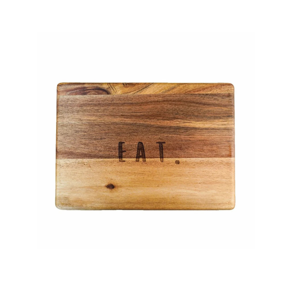 Engraved "EAT" in bold font on a hardwood cheese board