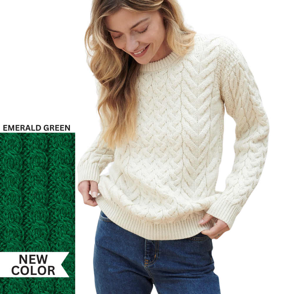 Aran Wool Super Soft  Crew Pullover Sweater Emerald Green (B689 597)