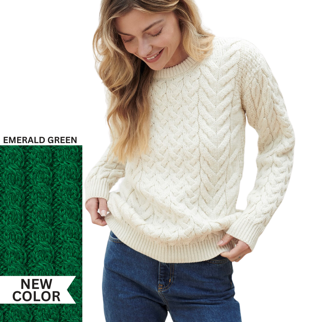 Aran Wool Super Soft Crew Pullover Sweater Emerald Green (B689 597)