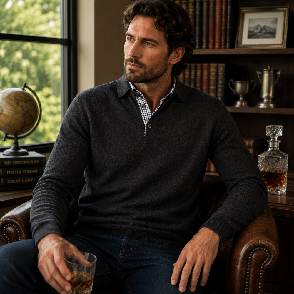 Ethnic Blue Men's Polo Sweater - Anthracite Grey