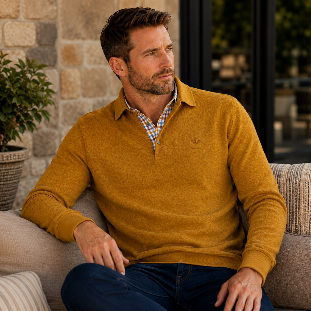 Ethnic Blue Men's Polo Sweater - Mustard