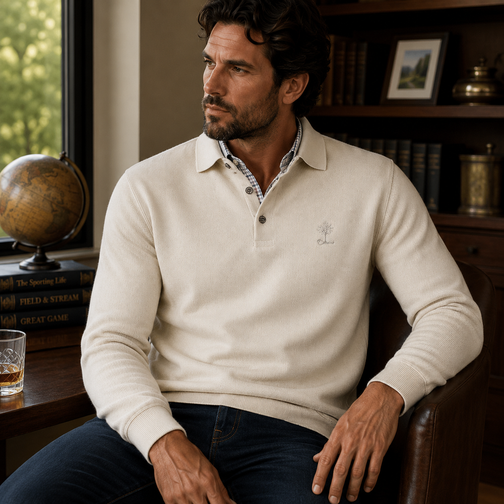 Ethnic Blue Men's Polo Sweater - Oatmeal