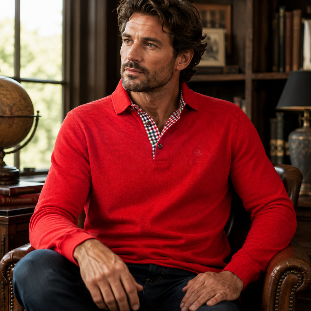 Man wearing a red men’s knit polo sweater with a multicolour check-lined collar, seated in a sophisticated study with leather furniture, bookshelves, and warm natural light.