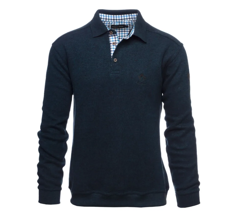 Navy long-sleeve polo shirt with checkered collar on a white background
