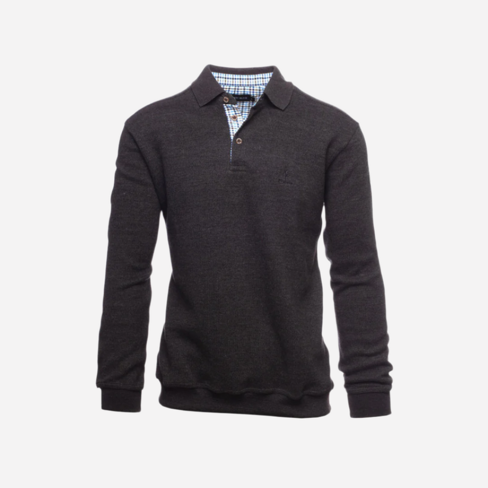 A gray men's polo sweater with a collar and long sleeves, featuring a button placket and a patterned inner collar.