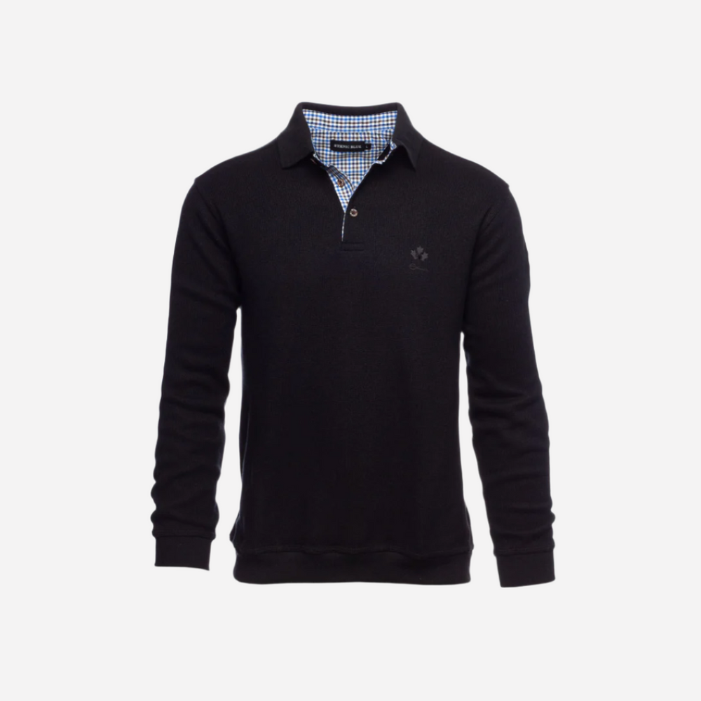 A men's black polo sweater with a button placket and checkered fabric detail.