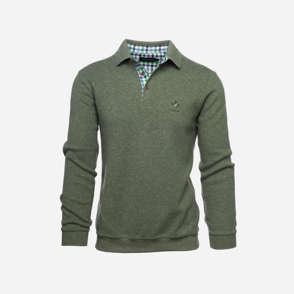 A green men's polo sweater with a collar and long sleeves, featuring a button placket and a checkered fabric detail.