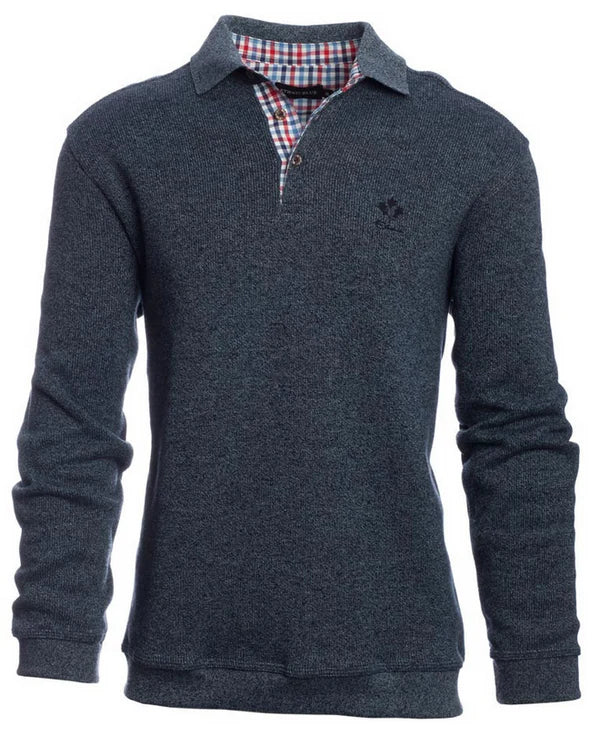 Dark gray sweater with a plaid collar on a white background