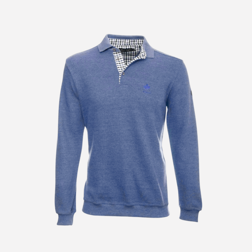 A light blue men's polo sweater with a button placket and a collar with a checkered pattern.