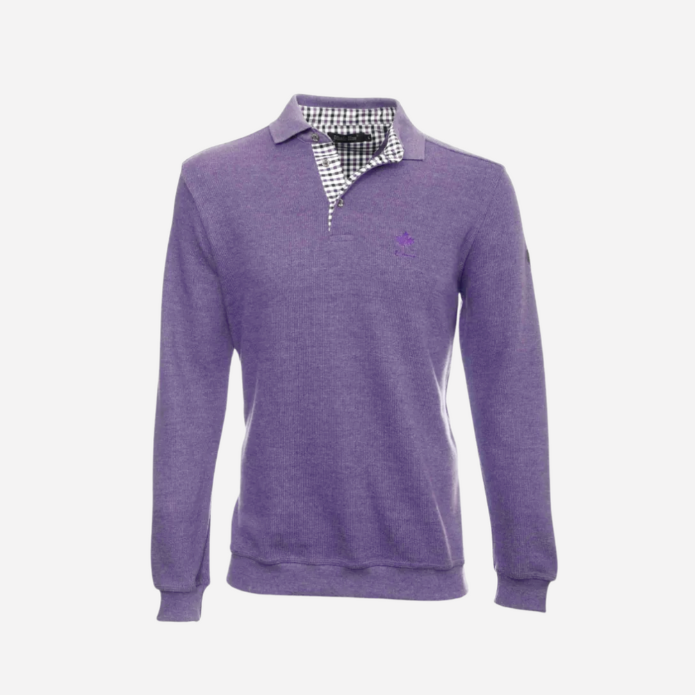 A purple men's polo sweater with a button placket and a collar with a checkered pattern.