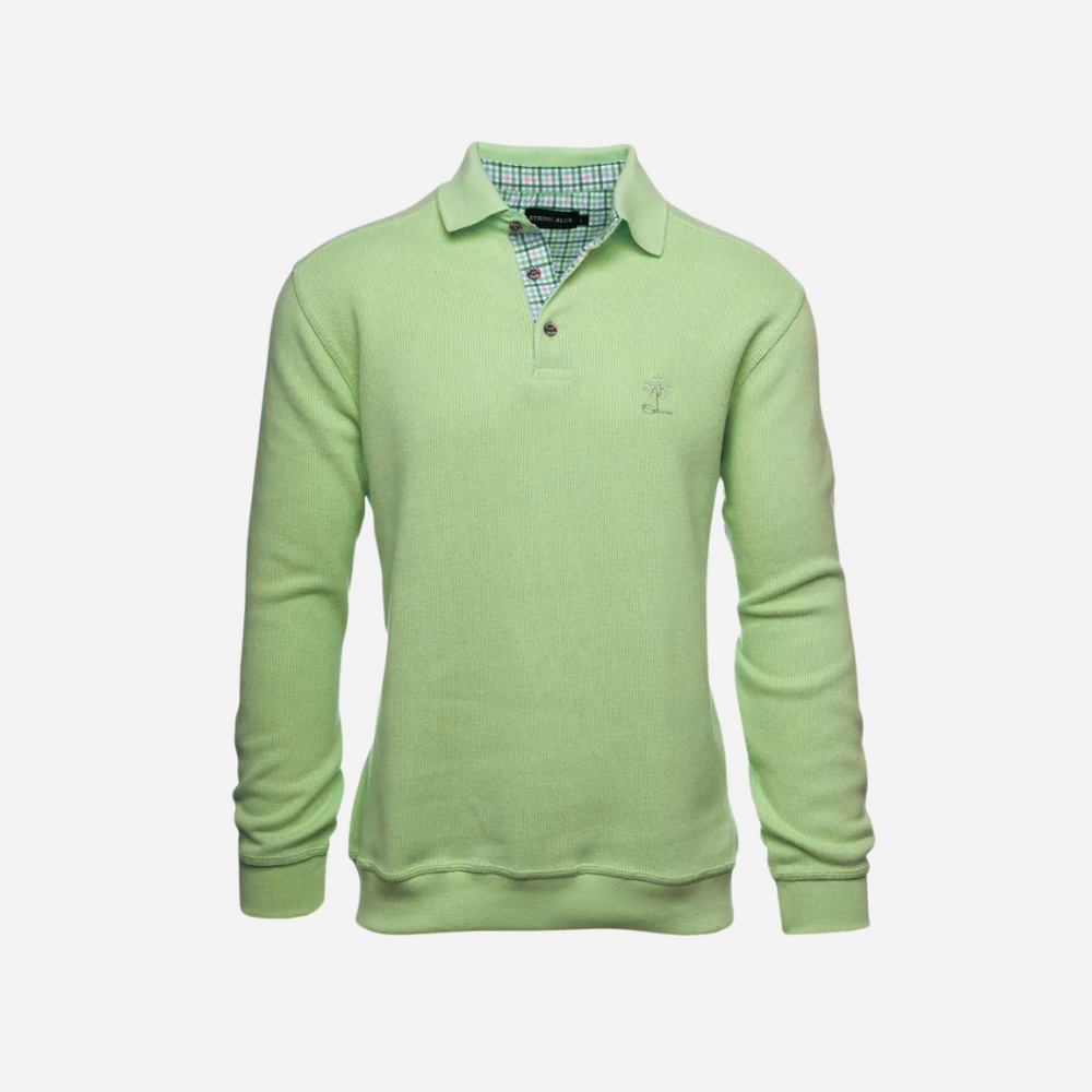 Men's long-sleeved polo sweater in green with a button placket and a collar.