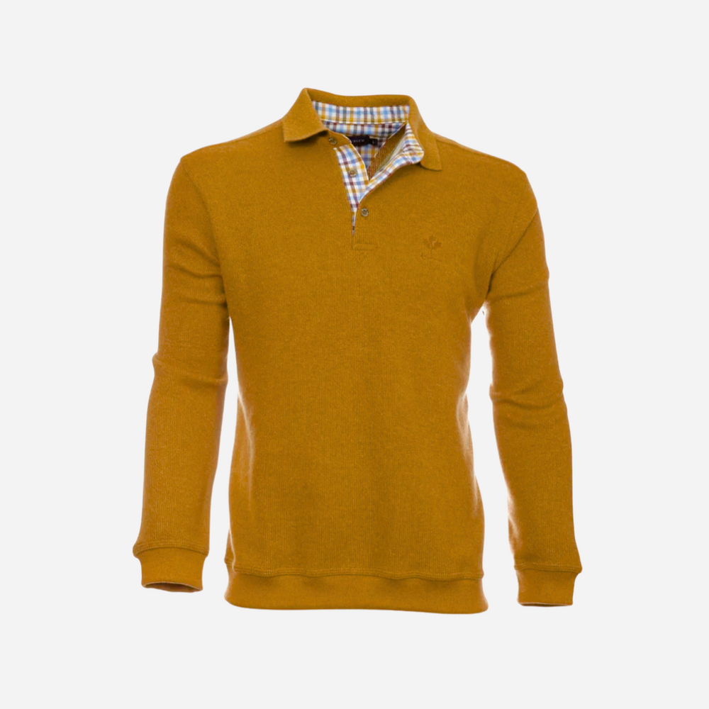 A mustard yellow men's polo sweater with a button placket and a collar, displayed against a plain background.