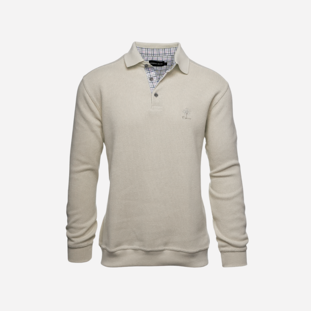 Men's beige polo sweater with long sleeves and a button placket, featuring a collar and a small logo on the chest.