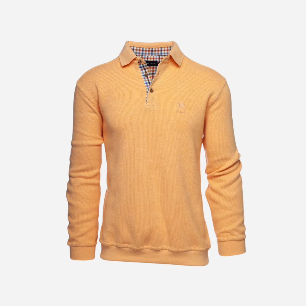 Men's orange polo sweater with a collar and long sleeves.