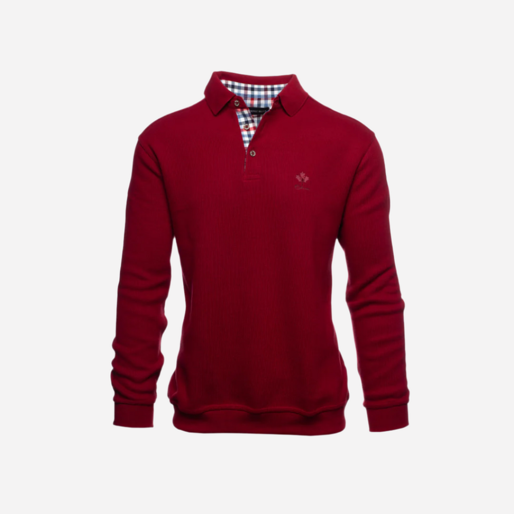 A red men's polo sweater with a collar and long sleeves, displayed against a white background.