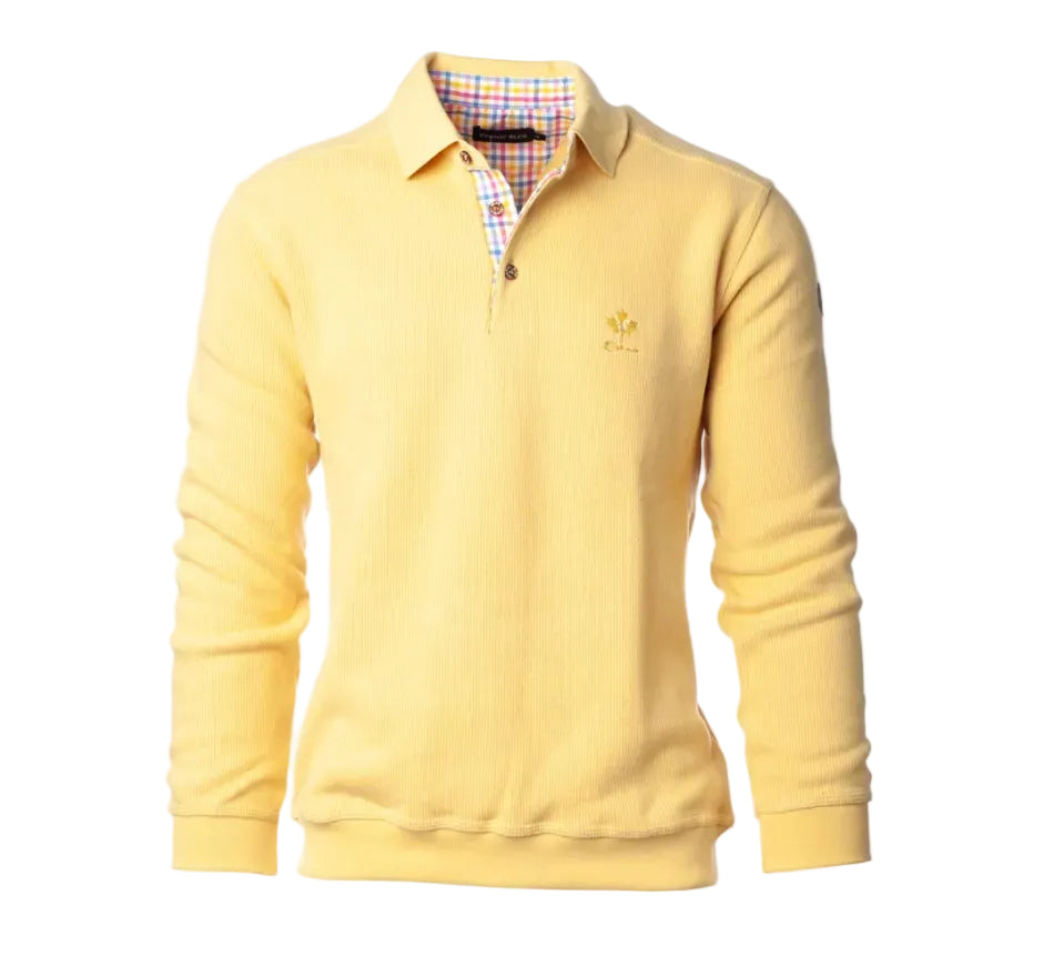 Yellow sweater with a plaid shirt collar on a white background