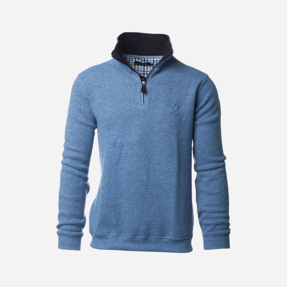 A blue men's quarter zip sweater with a checkered pattern at the collar.