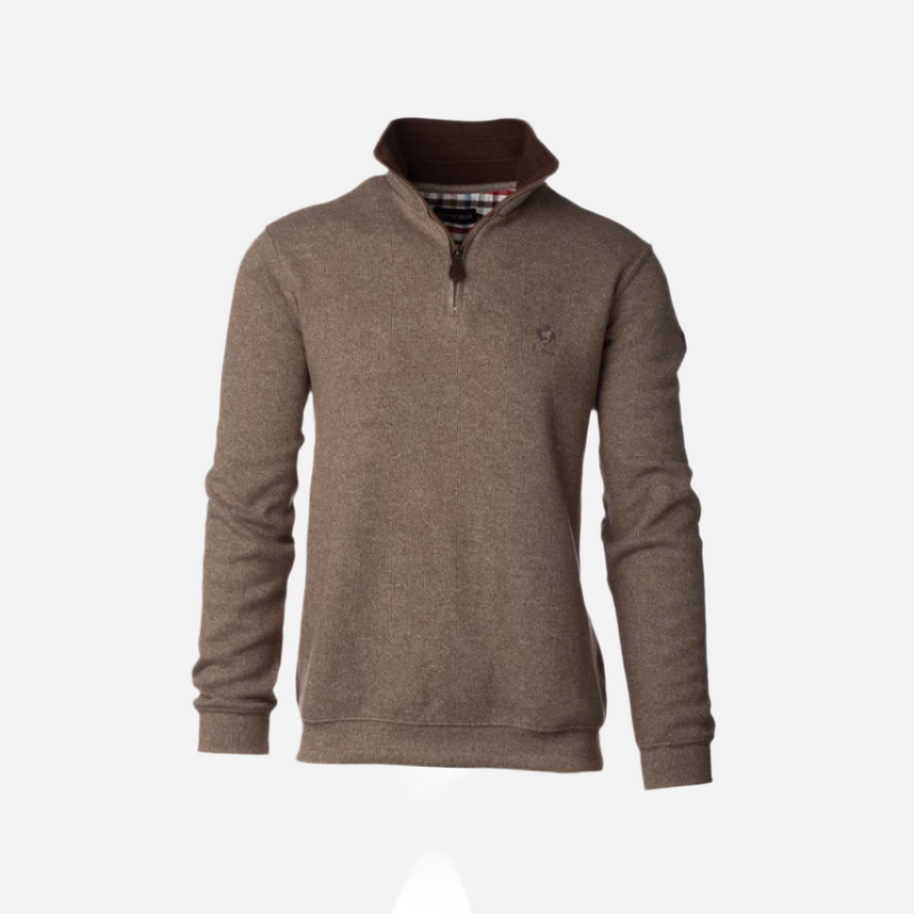 A chestnut brown men's quarter zip sweater with ethnic blue detailing on the collar and sleeves.