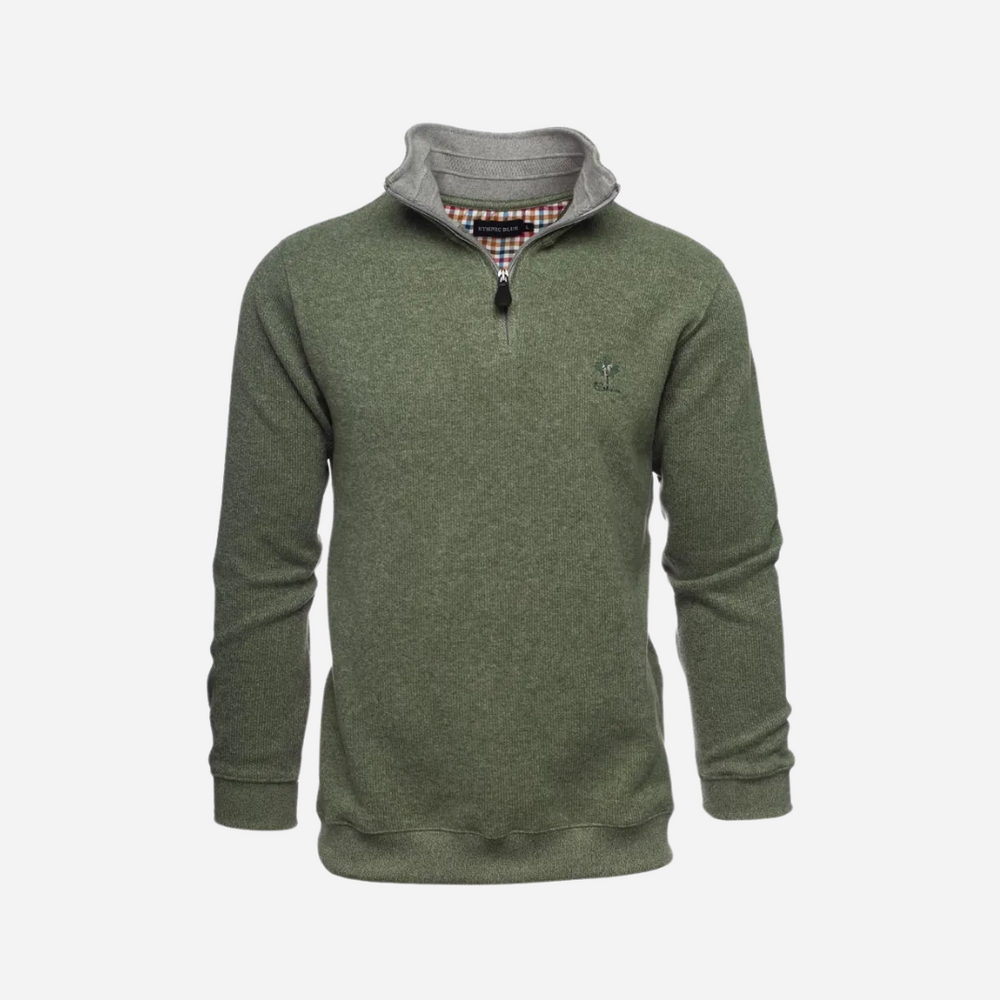 A green ethnic blue men's quarter zip sweater with a visible brand logo on the chest.