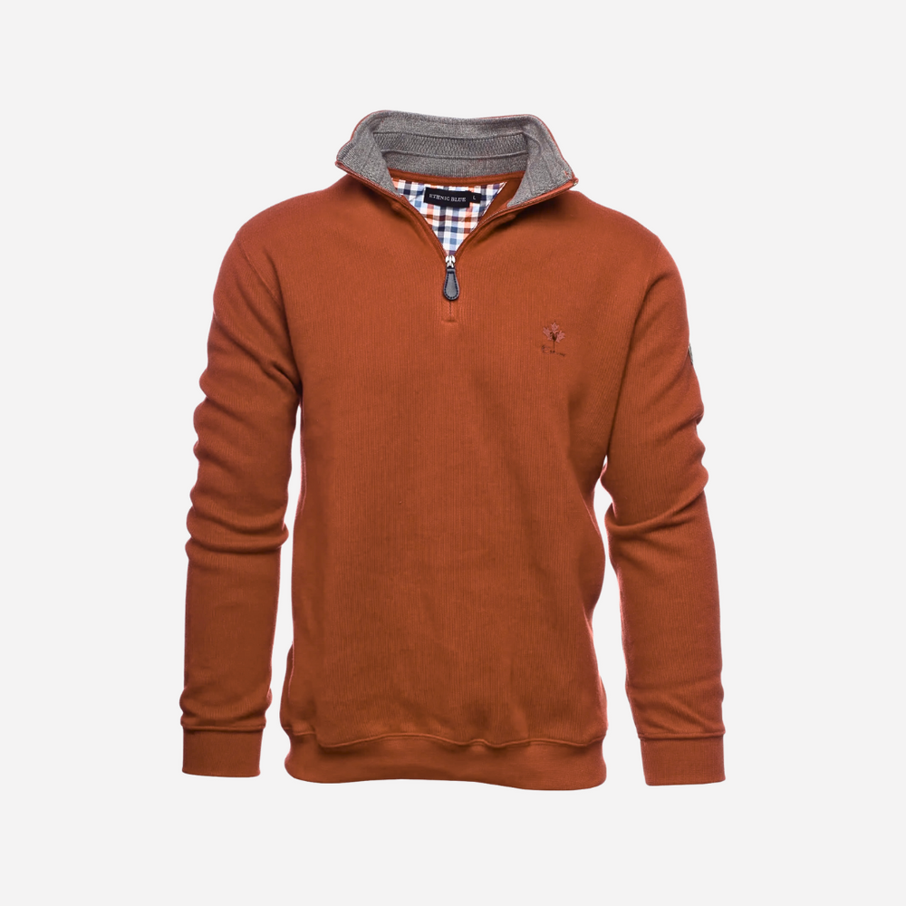 A men's quarter zip quarter-length sweater in a rust color with a visible brand logo on the chest.