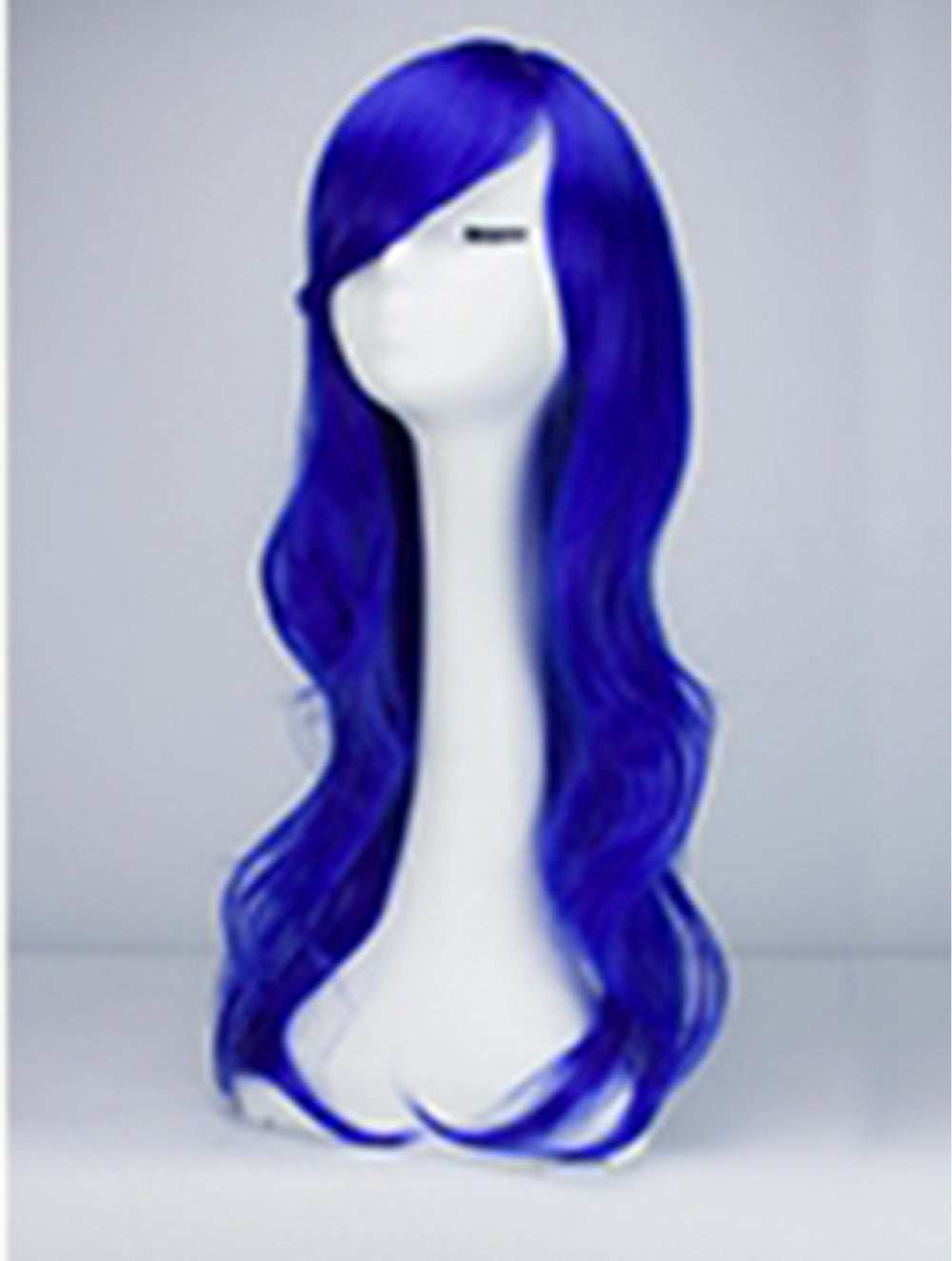 A long, wavy royal blue wig displayed on a white mannequin head against a light gray background.