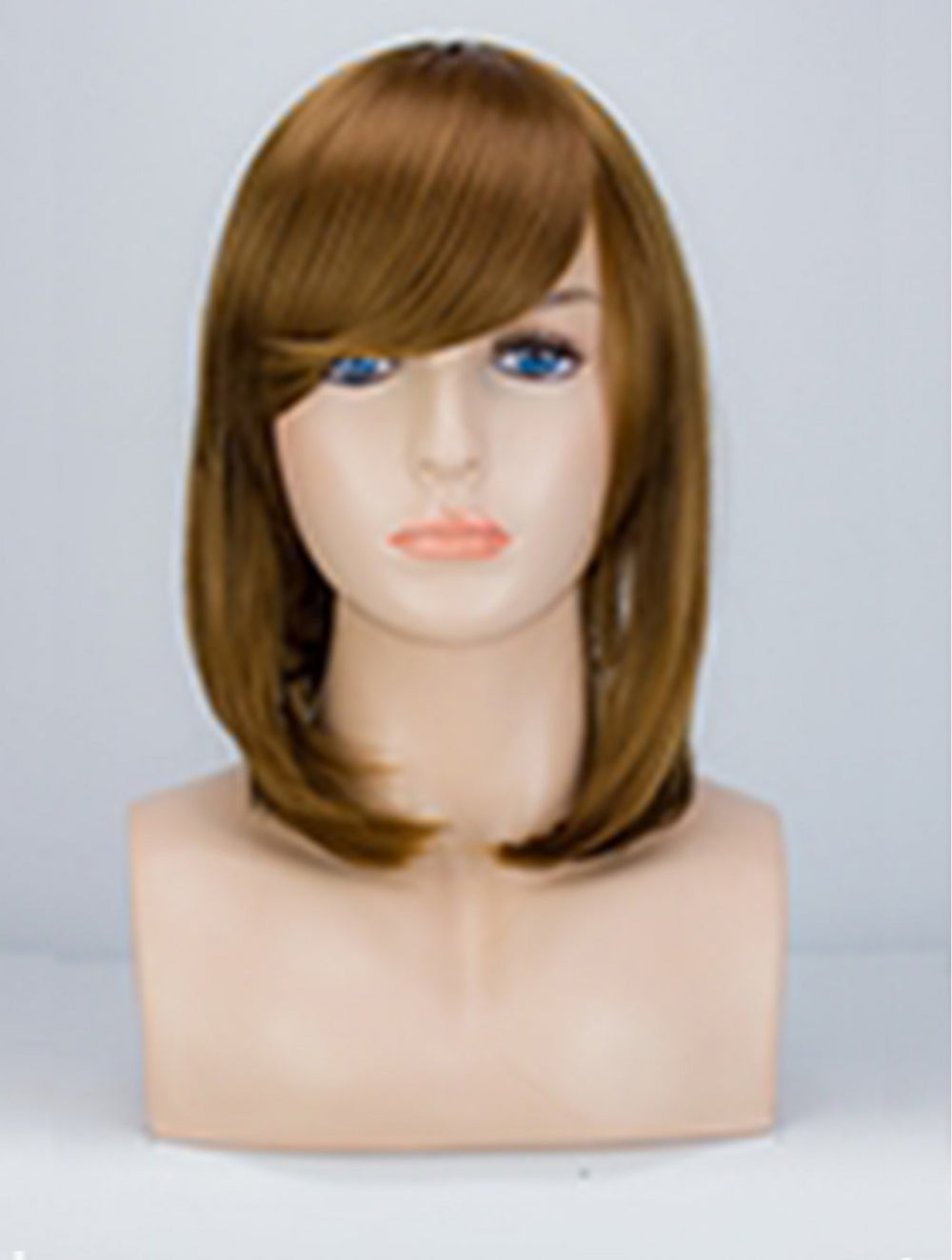 A shoulder-length brown wig with straight bangs displayed on a mannequin head and shoulders against a light gray background.