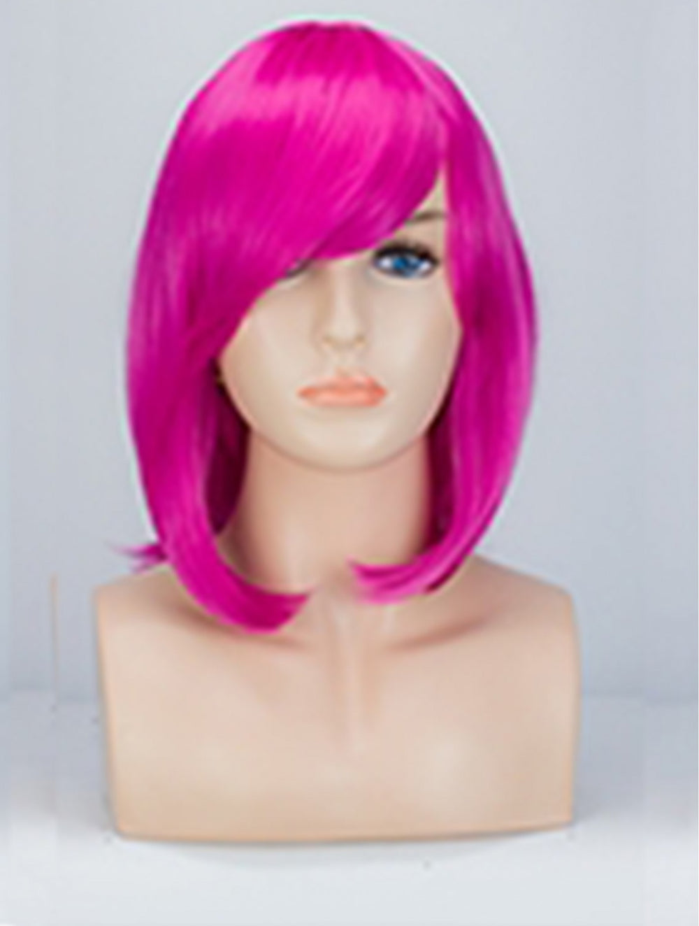 A bright pink bob wig with side-swept bangs displayed on a mannequin head against a light gray background.