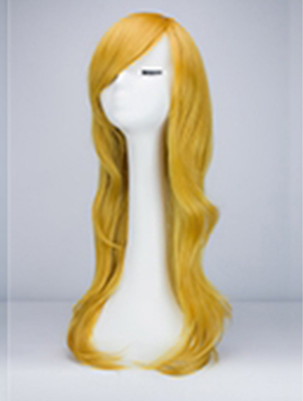 A long, wavy golden-yellow wig displayed on a white mannequin head against a light gray studio background.