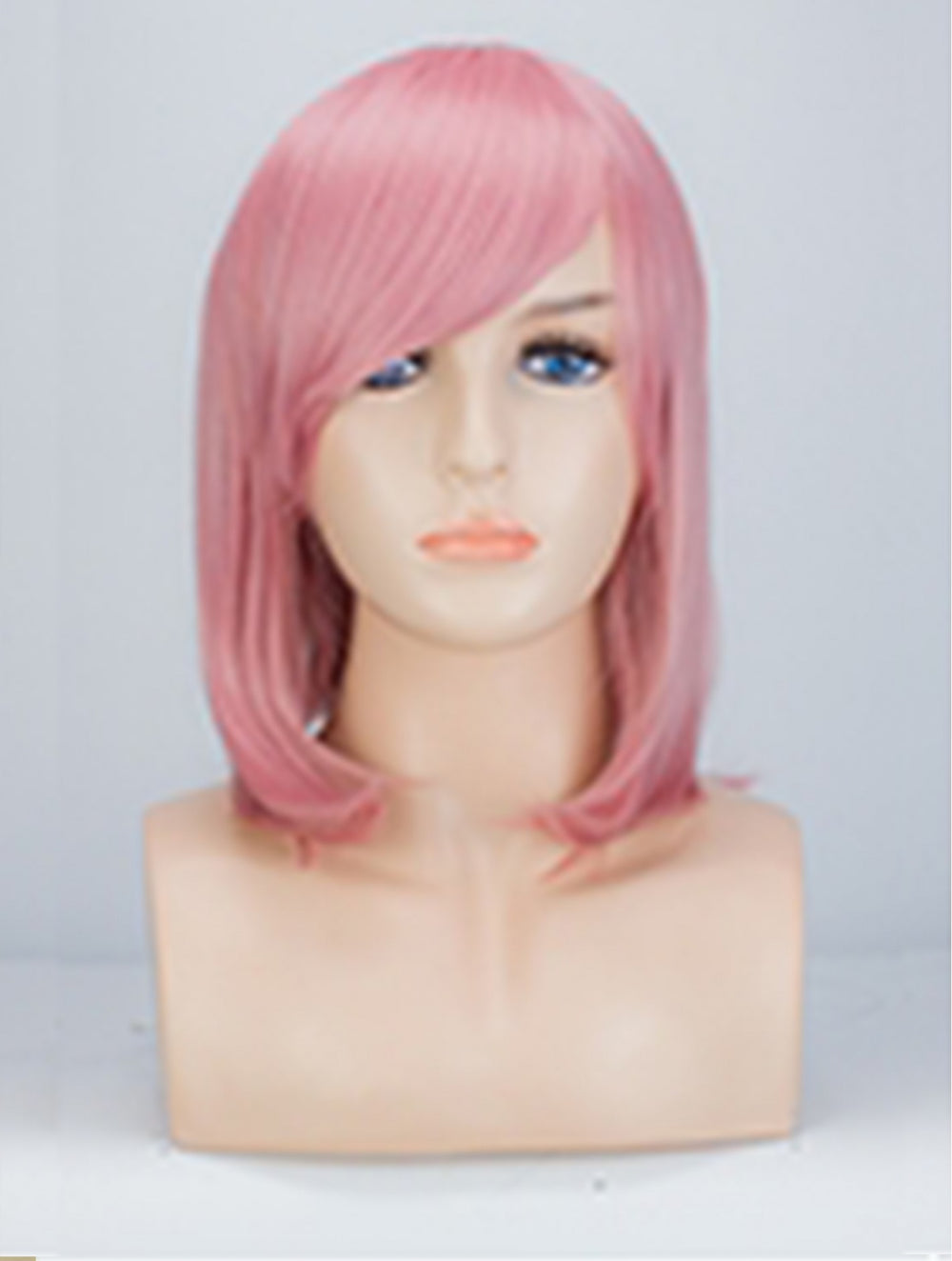 A pink bob wig with side-swept bangs displayed on a mannequin head and neck bust against a light gray background.