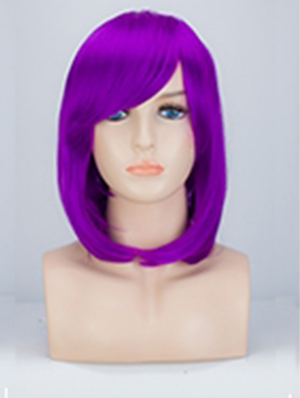 A bright purple bob wig with side-swept bangs displayed on a mannequin head against a light gray background.