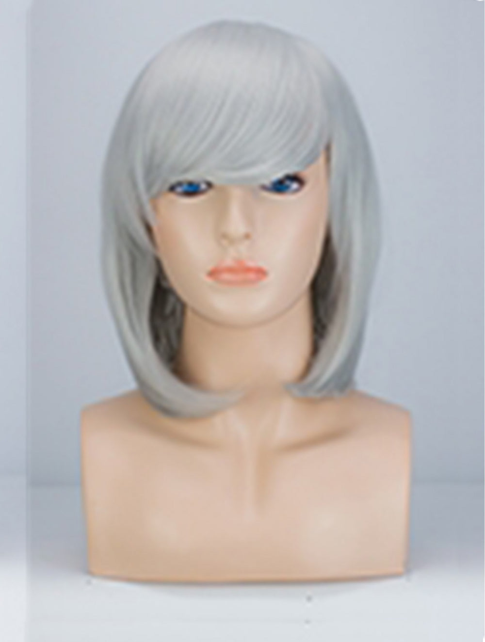 A short, straight silver-gray wig with bangs displayed on a mannequin head and shoulders against a plain light gray background.