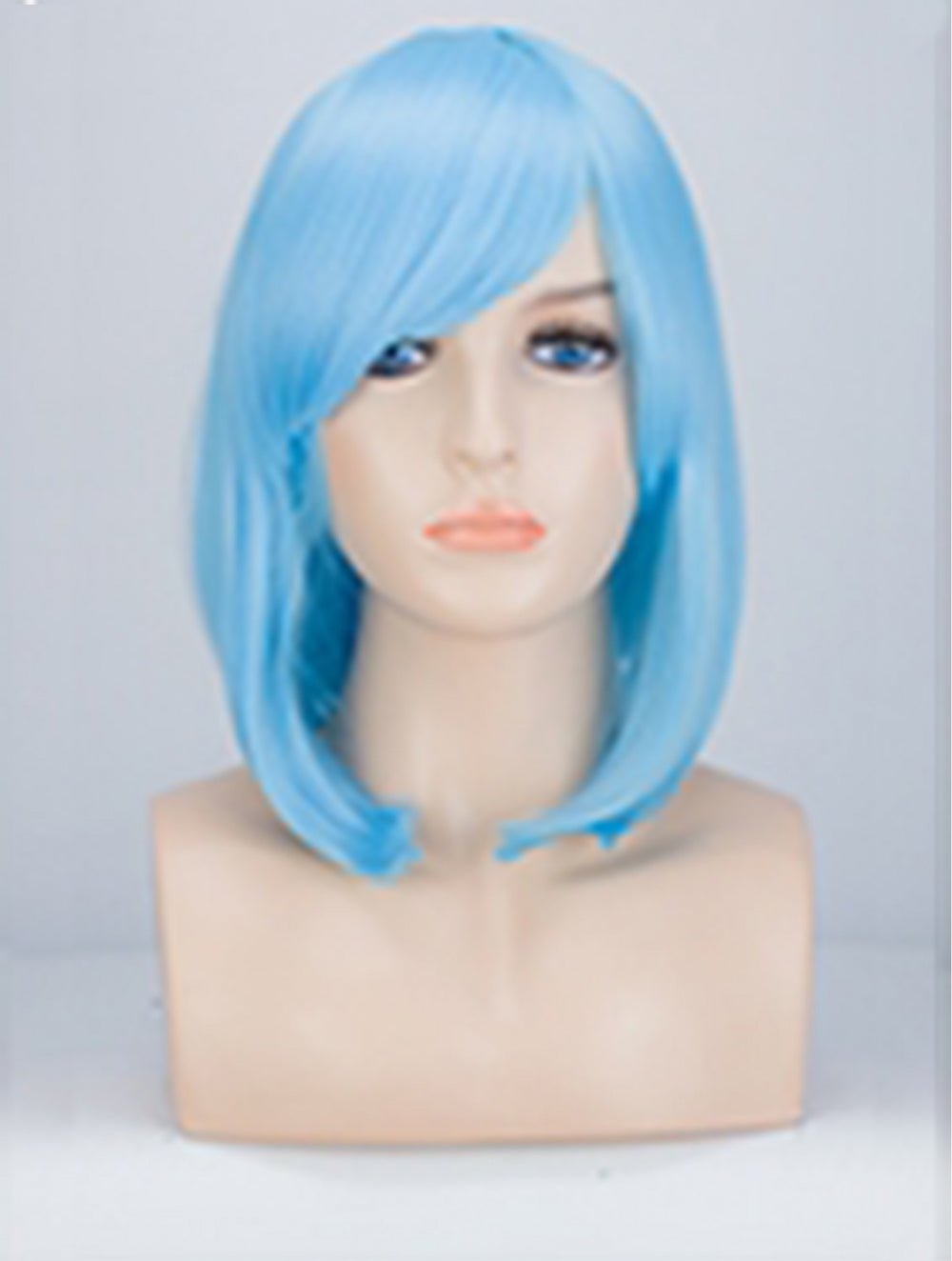 A bright light blue bob wig with side-swept bangs displayed on a beige mannequin head against a light gray background.